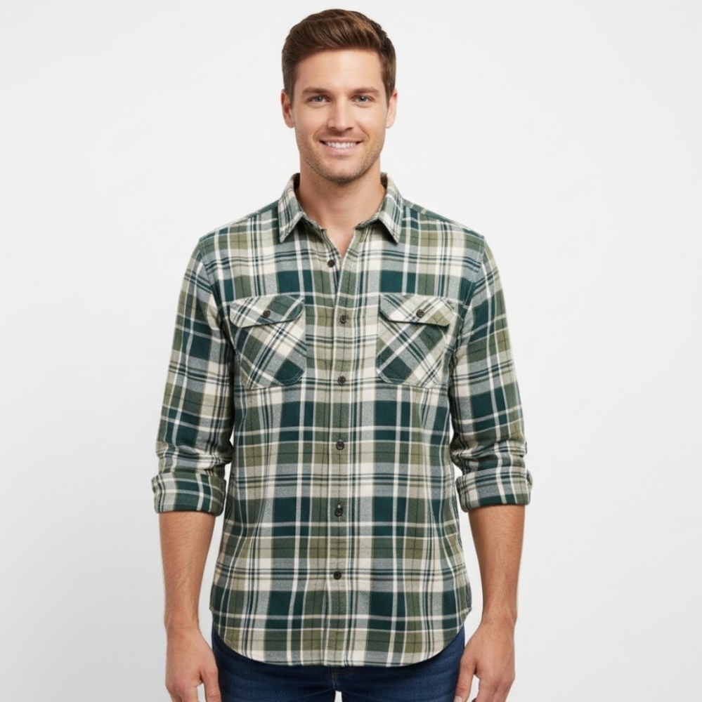L.L. BEAN Signature Men's Plaid Shirt Slim Fit Green Cotton Pockets Large‎ Tall